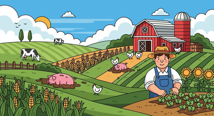Happy Farmer Working in Lush Green Farm with Animals and Barn - Rural Agriculture Scene © Andry