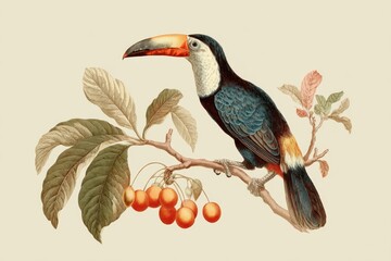 Fototapeta premium Vibrant Toucan Perch on Branch with Berries - Vintage Botanical Illustration
