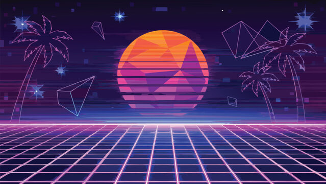 Abstract Retro 80s Synthwave Background with Neon Pink and Blue Grid, Geometric Low Poly Sun, and Palm Tree Outlines. Vibrant Vaporwave Aesthetic with Futuristic Sci-Fi Landscape and Glowing Stars.