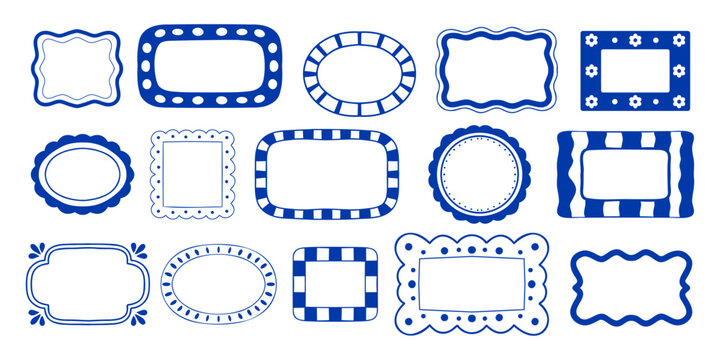 Blue decorative frame set illustration. Hand drawn nautical borders bundle. Gingham striped polka dot wavy collection. Vector vintage label graphic elements