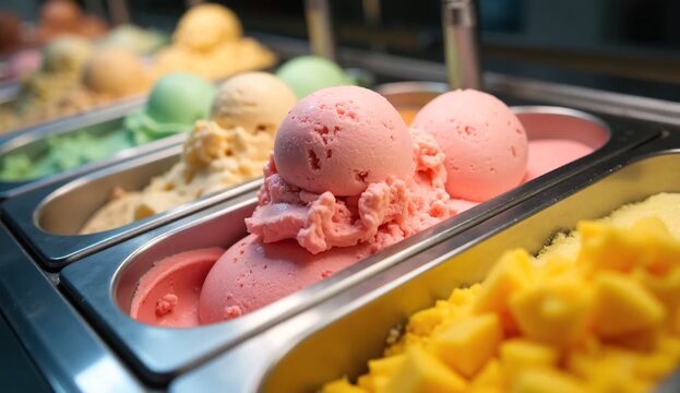 Row of steel trays filled with various flavors of scooped ice cream.