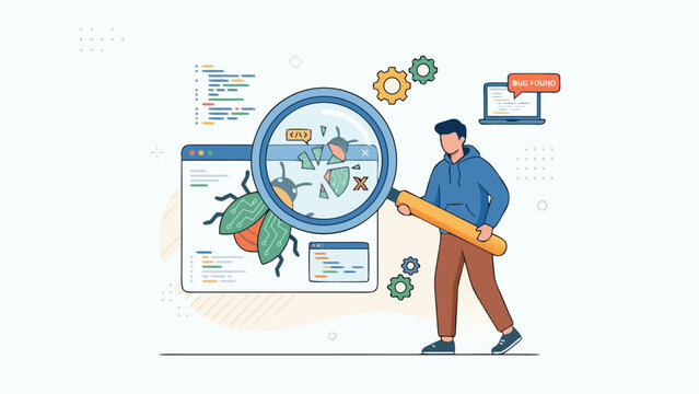Software Testing and Debugging Concept with Person Holding Magnifying Glass Over a Digital Bug on Computer Screen, Flat Vector Illustration for Web Development, QA, and Programming Error Fixing