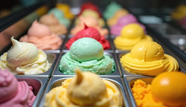 Row of steel trays filled with various flavors of scooped ice cream.