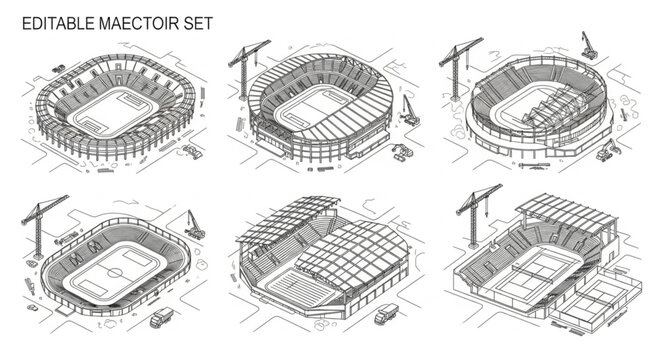Stadium Construction Process Stages Vector Illustration Set.
