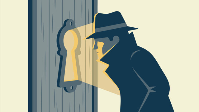 Mysterious man in a fedora and trench coat peeking through a large keyhole with light shining on his face, flat vector illustration representing spying, curiosity, investigation, and secrets.