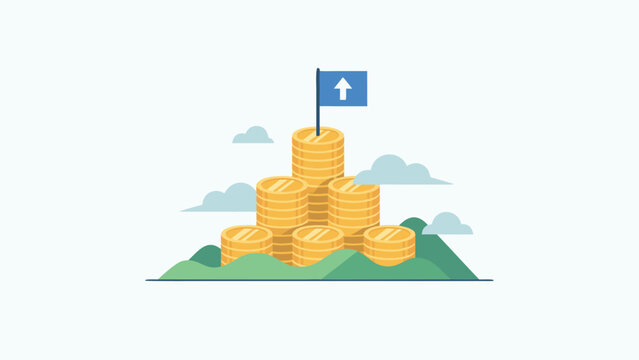 Flat vector illustration of a large stack of gold coins forming a mountain peak with a blue flag and upward arrow on top, symbolizing financial success, wealth growth, and investment goals.