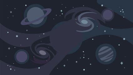 Fototapeta premium Deep Space Background with Stylized Planets, Spiral Galaxies, and Twinkling Stars in a Flat Vector Illustration Style, Ideal for Astronomy, Cosmos, and Science Fiction Themed Graphic Design Projects