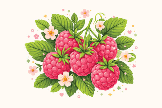 Sweet Raspberries Fruit Illustration with Elegant Farmers Market Typography Hand Drawn Style Vector Graphic Ideal for Feminine Apparel Kitchen Decor Organic Food Branding and Summer Designs