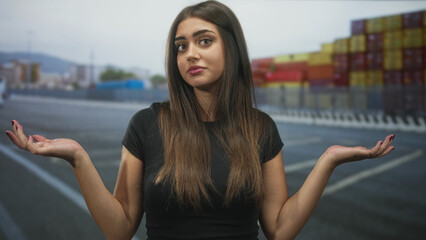 Fototapeta premium Woman in black t shirt raises hands palms up in shrug gesture on street near stacked shipping containers and empty roadway, long brown hair and neutral expression; uncertainty doubt questioning.
