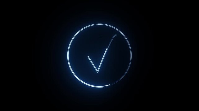 neon blue color check mark icon animation tick mark correct accept select confirm success finishing circle animated on black background
