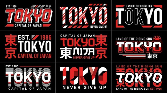 Tokyo typography, Japanese city labels, red white black text graphics, urban cityscape elements, 12 sticker set