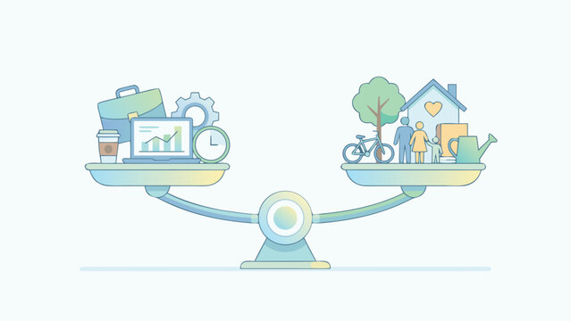 Work-Life Balance Concept Illustration with a Stylized Scale Balancing Professional Icons like Laptop and Briefcase Against Personal Life Icons including Family, Home, and Leisure Activities.