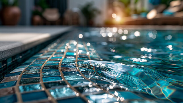 An intricate soft mosaic glows beside a bright softly defocused pool at a calm luxury hotel mosaic detail faceless background blurred backdrop intricate mosaic poolside