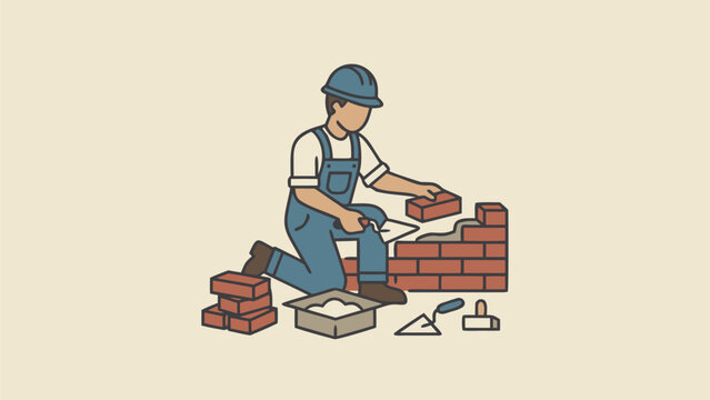 Professional bricklayer in blue overalls and a hard hat building a red brick wall with a trowel and mortar, representing construction, masonry, and manual labor in a clean flat vector illustration.