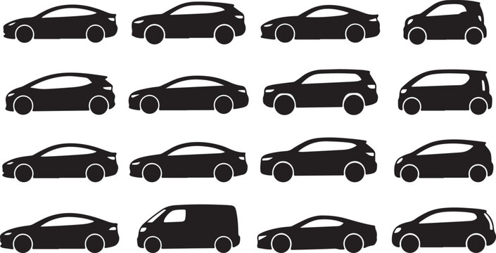 Collection of various car silhouettes in different models and shapes on white background  transportation icons
