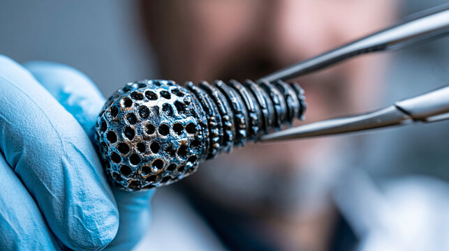 3D printed titanium dental implant emerging under post-processing bead blasting, close-up of porous osseointegration surface, white lab environment, gloved technician holding with forceps, ideal for