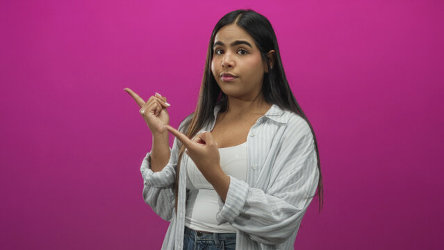 Young hispanic woman pointing fingers with both hands toward left in magenta studio, wearing white tank top and striped shirt, visible hands; doubt curiosity.