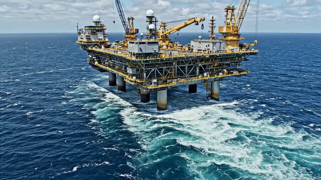 Workers performing maintenance on an offshore oil rig amid strong waves and deep blue ocean. Detailed setting showcases energy production in marine environment