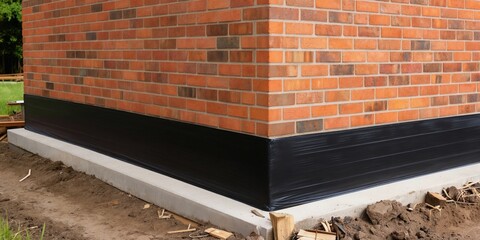 Plakat Brick house foundation corner shows exterior waterproofing membrane applied over concrete base. Black protective layer stops water moisture from damaging structure. New home build or repair.
