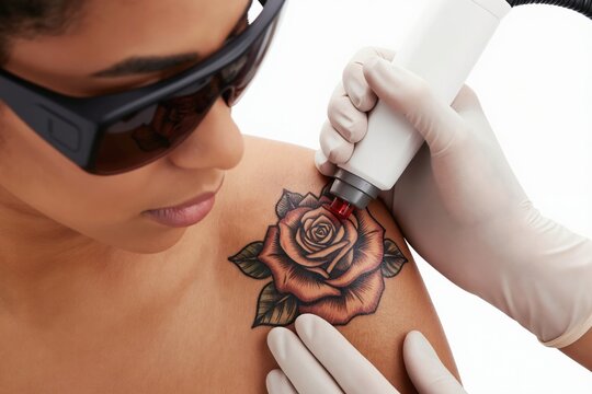 Woman gets laser tattoo removal on shoulder rose design. Specialist uses device, client wears protective glasses. Procedure targets ink, removes old body art. Skin care and beauty treatment.