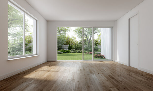 Interior view of an empty room with large windows, wooden floor, and a garden view. Bright, open, and airy design