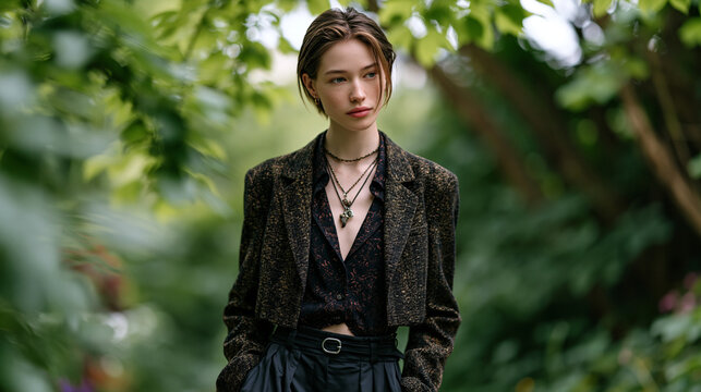 A model with ambiguous styling, cropped blazer, layered necklaces, wide trousers, pauses mid-stride in a lush green park, soft June light filtering through canopy above, perfect for gender fluid fas