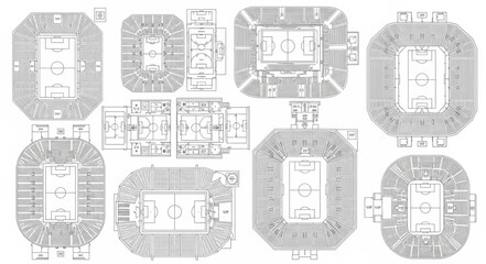 Obraz premium Architectural Blueprints of Multiple Sports Stadiums and Arenas.