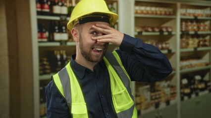 Fototapeta premium Man builder covers face with hand in supermarket aisle wearing yellow hardhat and reflective vest; awkward amusement.