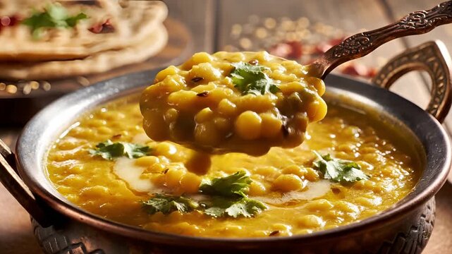 Delicious Indian Dal Tadka served with Naan bread a popular lentil dish.