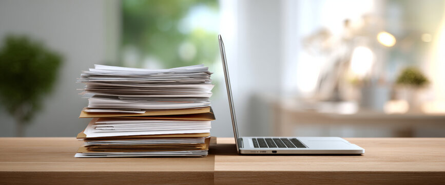Stack of paperwork and folders next to an open laptop on a wooden desk in a bright modern environment
