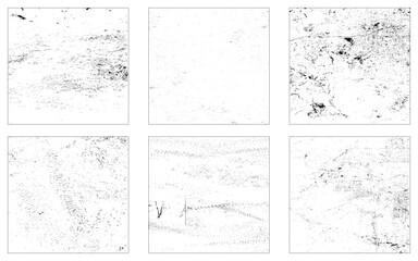 Fototapeta premium Dust Dots Grunge Texture Set. Black Dusty Scratchy Pattern Collection. Abstract Grainy Background. Vector Design Artwork.
