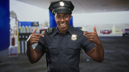 Man in police uniform points to badge and points finger at chest, smiling with visible hands, gas station canopy on street  pride duty. © Krakenimages.com