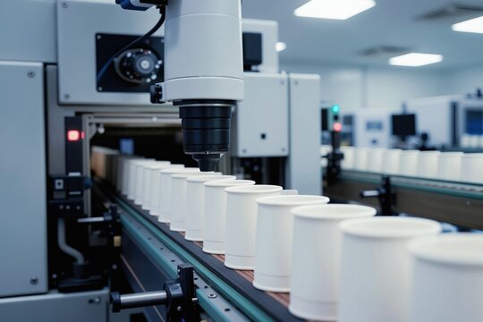 Automated system inspects white cups on a production line. Machine vision camera checks products moving on conveyor belt. Factory manufacturing process ensures quality control.