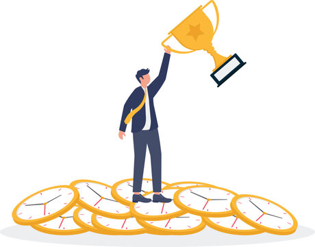 Professional holding trophy aloft standing on clock faces pile