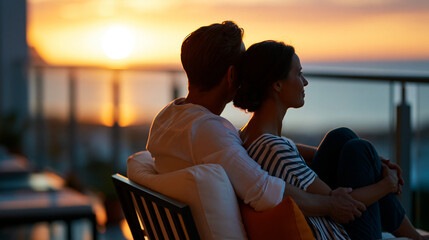 Fototapeta premium A silhouetted couple watches a calm sunset over the sea from a bright soft hotel balcony balcony sunset faceless silhouettes golden sunset blurred backdrop hotel balcony sea