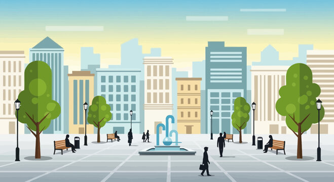 Urban park plaza with fountain, trees, benches, and people walking, city skyline background.