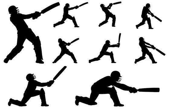 Cricket batsman silhouettes vector set featuring action poses of professional batting shots and power hitting strokes