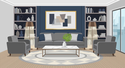 Modern Living Room with Bookshelves, Sofa, Armchairs, and Abstract Art © Ani