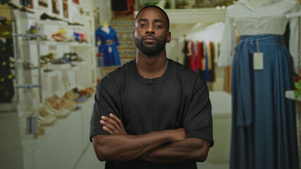 Man with arms crossed in retail store aisle, forearms and hands visible, facing camera with neutral expression and upright posture  quiet confidence. © Krakenimages.com