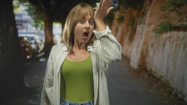 Woman with hand to forehead yawning on street in green tank top and striped shirt, standing beside a stone wall and parked cars; tired resignation.