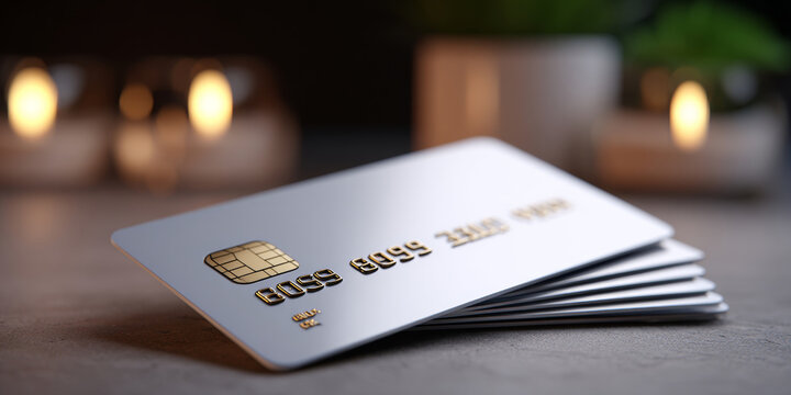 Close-up of a stack of modern credit cards with chip technology on a textured surface with blurred warm lights in the background