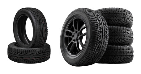 Two car tires stacked isolated PNG on transparent background, new winter automobile tyre tread pattern for vehicle safety and road grip © Design Zone