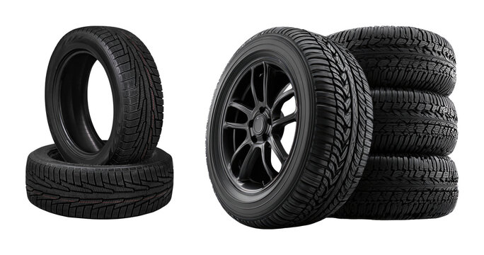 Two car tires stacked isolated PNG on transparent background, new winter automobile tyre tread pattern for vehicle safety and road grip