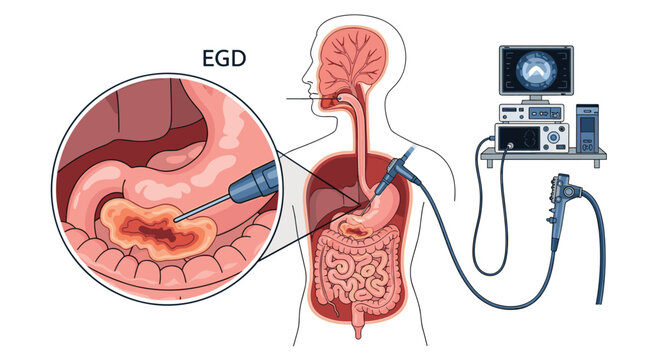 Comprehensive medical diagram illustrating an EGD gastroscopy procedure with a zoom view of a stomach ulcer on a screen.