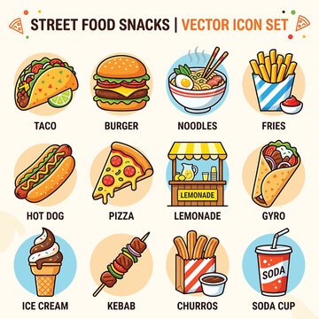 Colorful street food icons set.