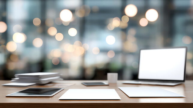 Modern workspace setup with laptop, tablet, and stationery on a wooden desk against a blurred background.