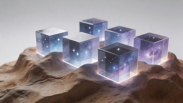 Cubes with starry space inside on rocky surface