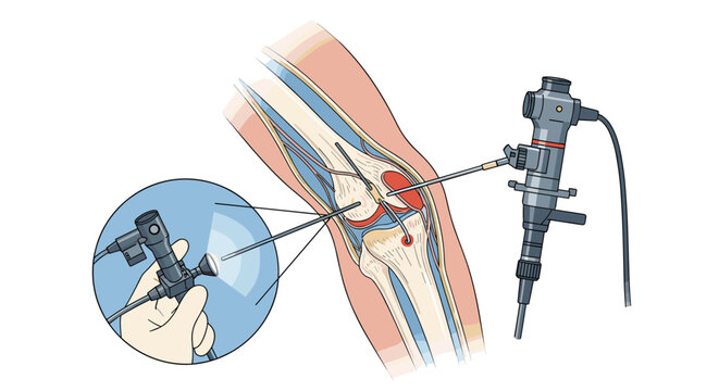 Medical diagram showing a knee arthroscopy procedure with a scope and surgical tools being used inside a human joint.