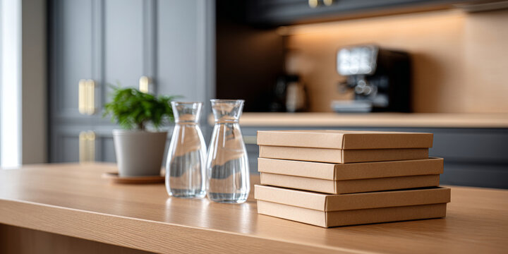 Stack of four closed cardboard pizza boxes on wooden kitchen counter with two glass water bottles and potted plant in modern kitchen interior