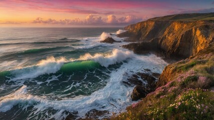 Obraz premium Serene coastal sunset with crashing waves, rocky cliffs, and blooming flowers in the foreground